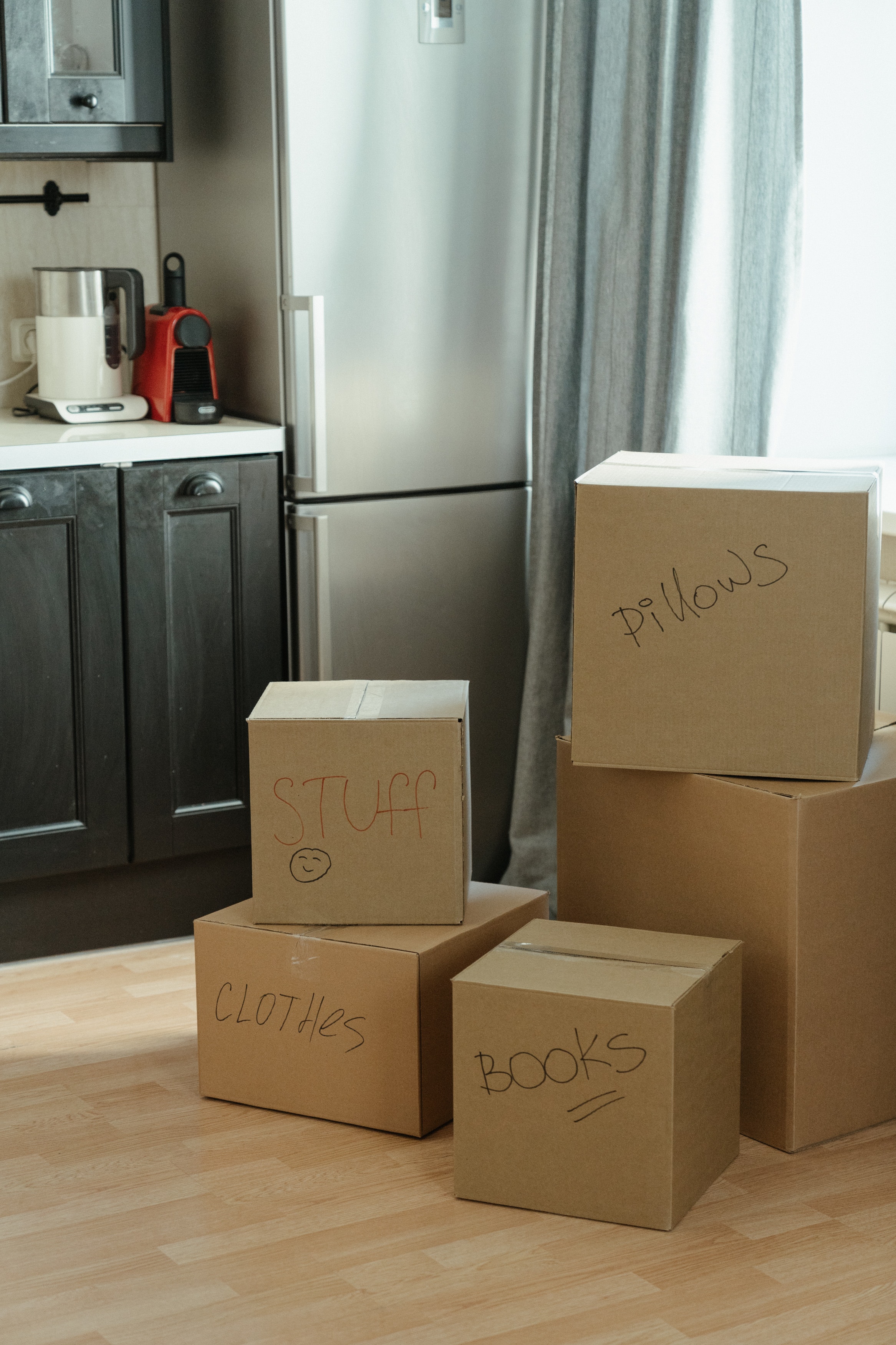 Cardboard boxes of belongings
